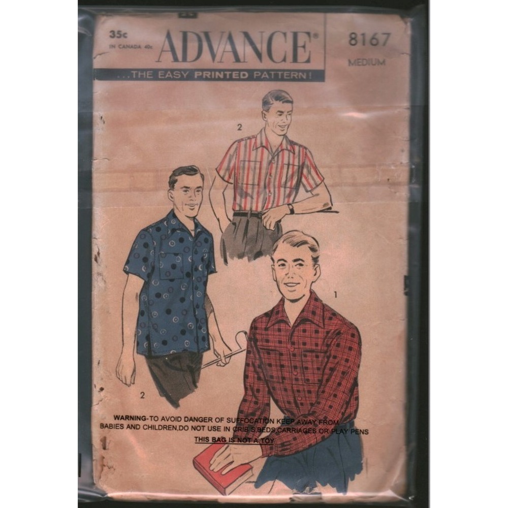 Vintage Advance 8167 Mens Sports Shirt Sewing Pattern Size Medium Short Long Med